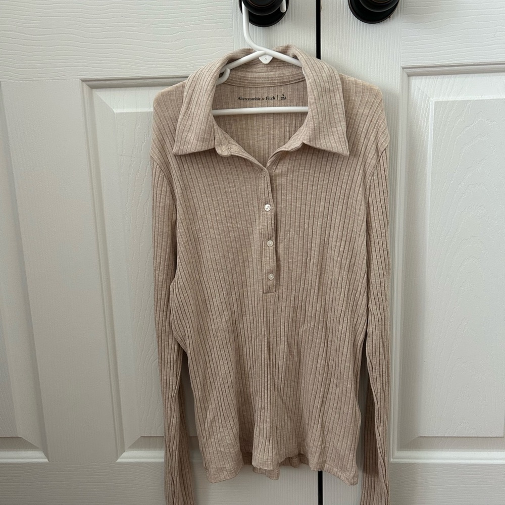 Abercrombie Beige Ribbed Long Sleeve Polo